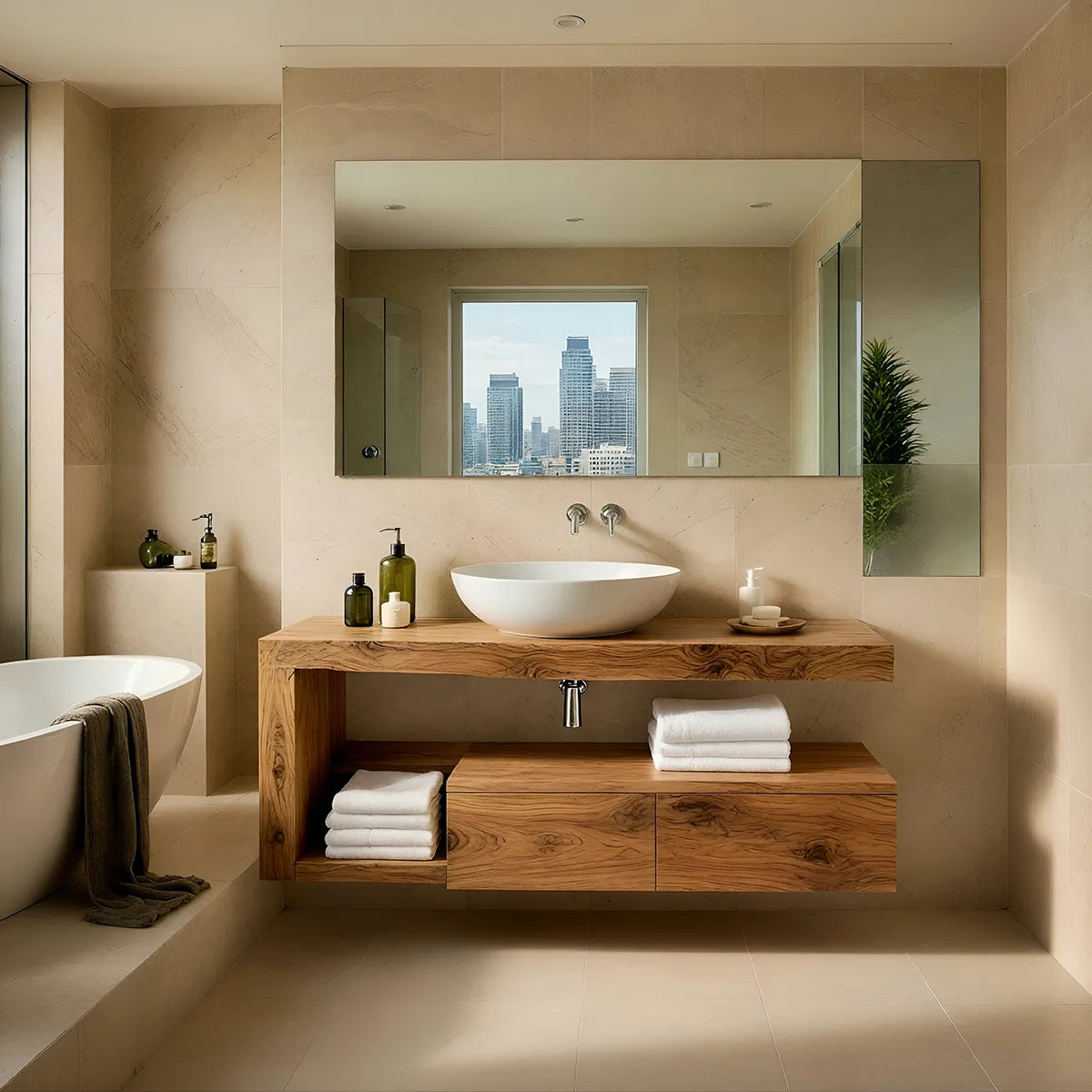 Floating Solid Wood Bathroom Vanity with Open Shelf and Lower Storage Cabinet