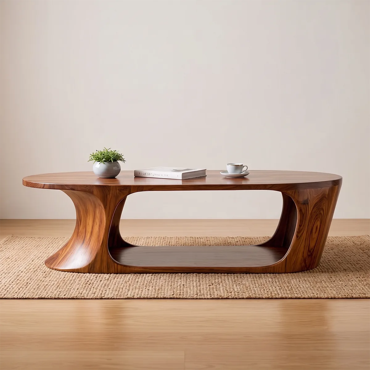 Oval Solid Wood Coffee Table with Storage Shelf | Modern Sculptural Center Table TT006-9490
