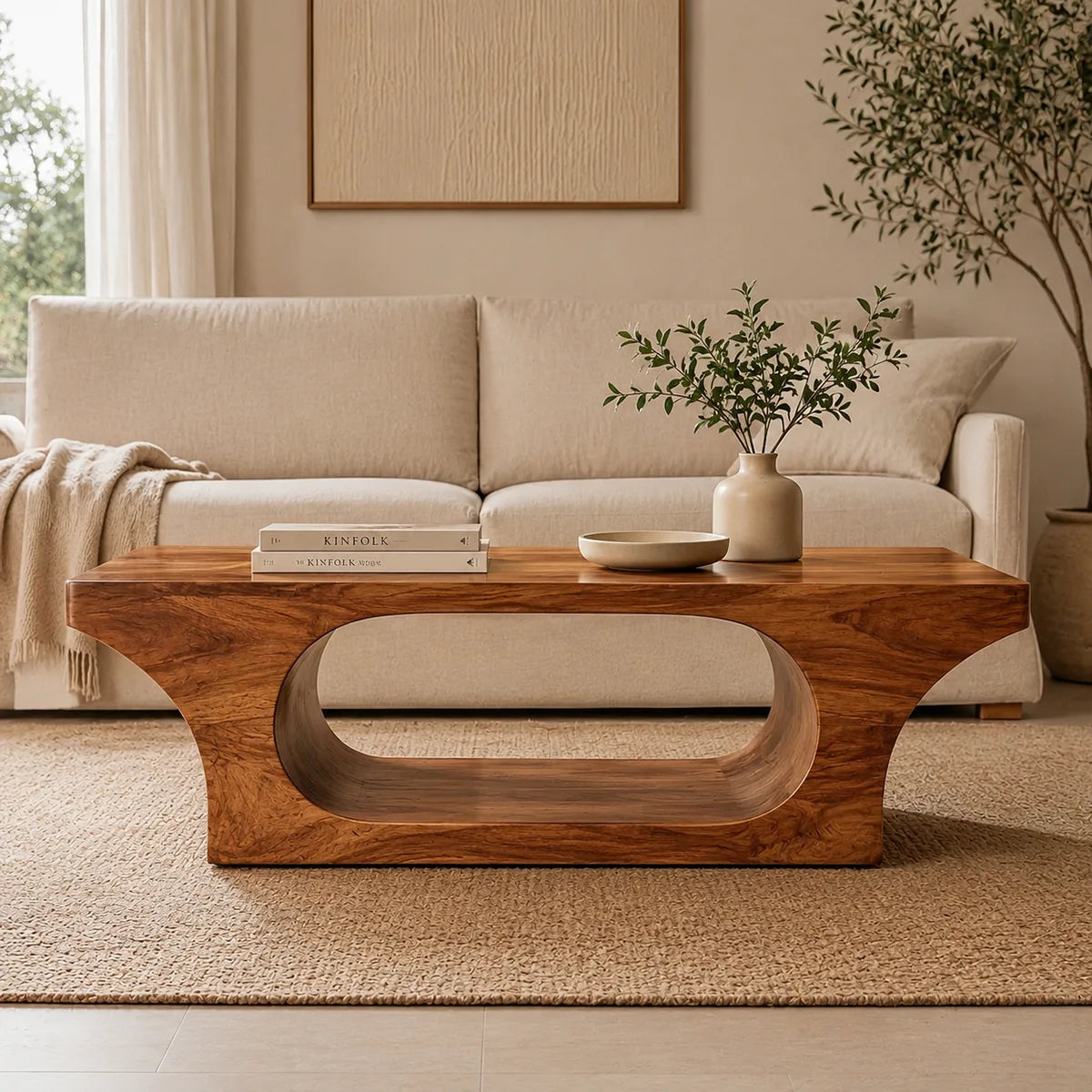 Modern Solid Wood Coffee Table with Sculptural Open Base TT006-6649