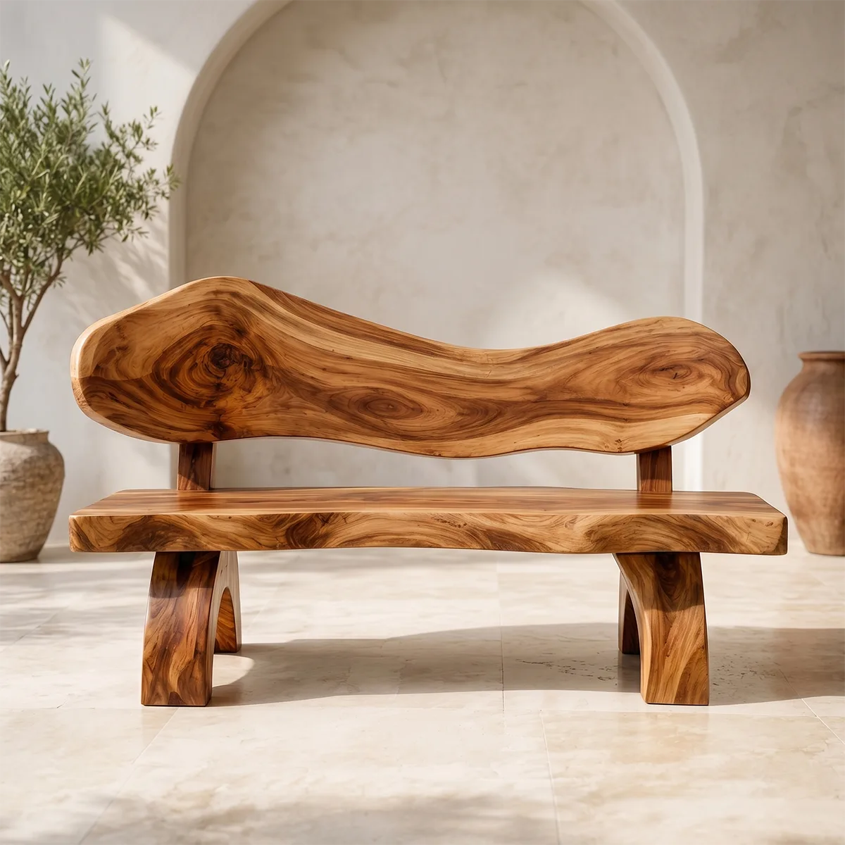 Live Edge Solid Wood Bench | Handcrafted Rustic Wooden Bench with Sculpted Backrest TT006-3085