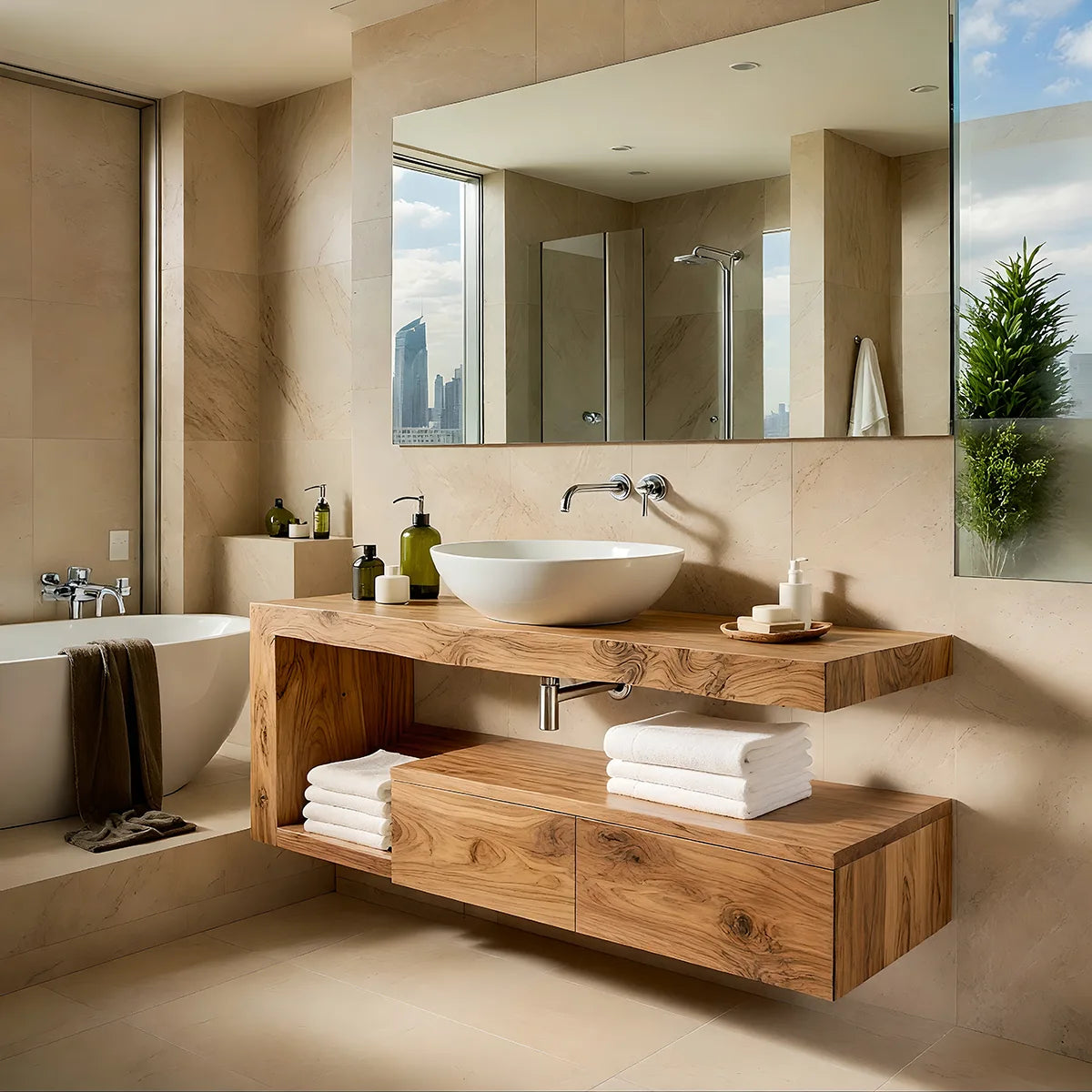 Floating Solid Wood Bathroom Vanity with Open Shelf and Lower Storage Cabinet