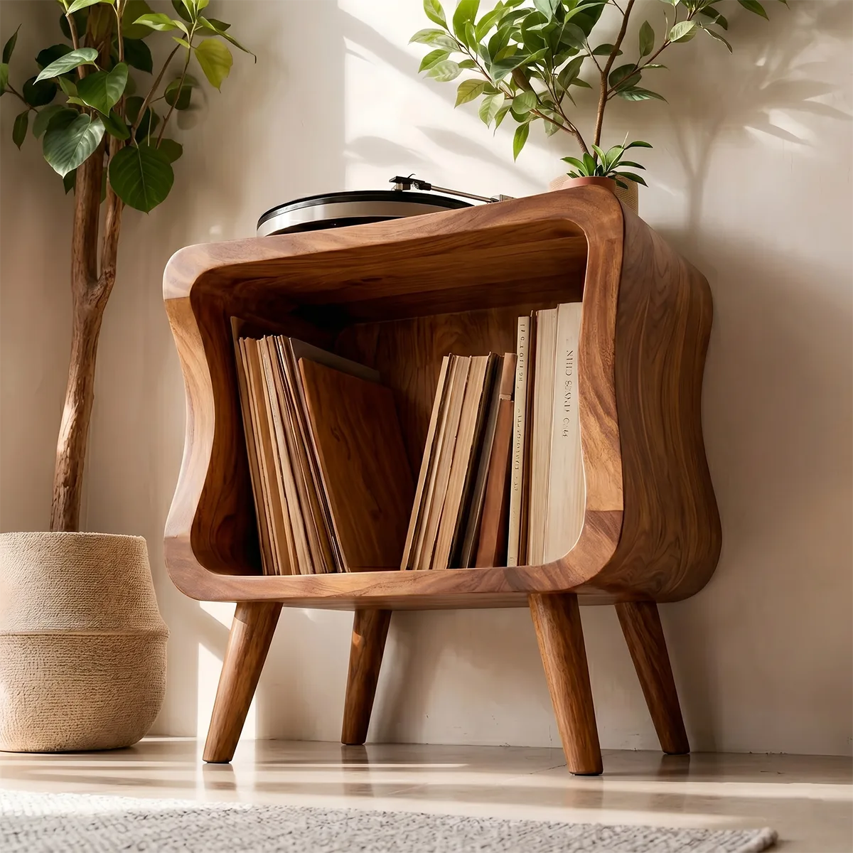 Curved Solid Wood Vinyl Storage Cabinet For Music Lover