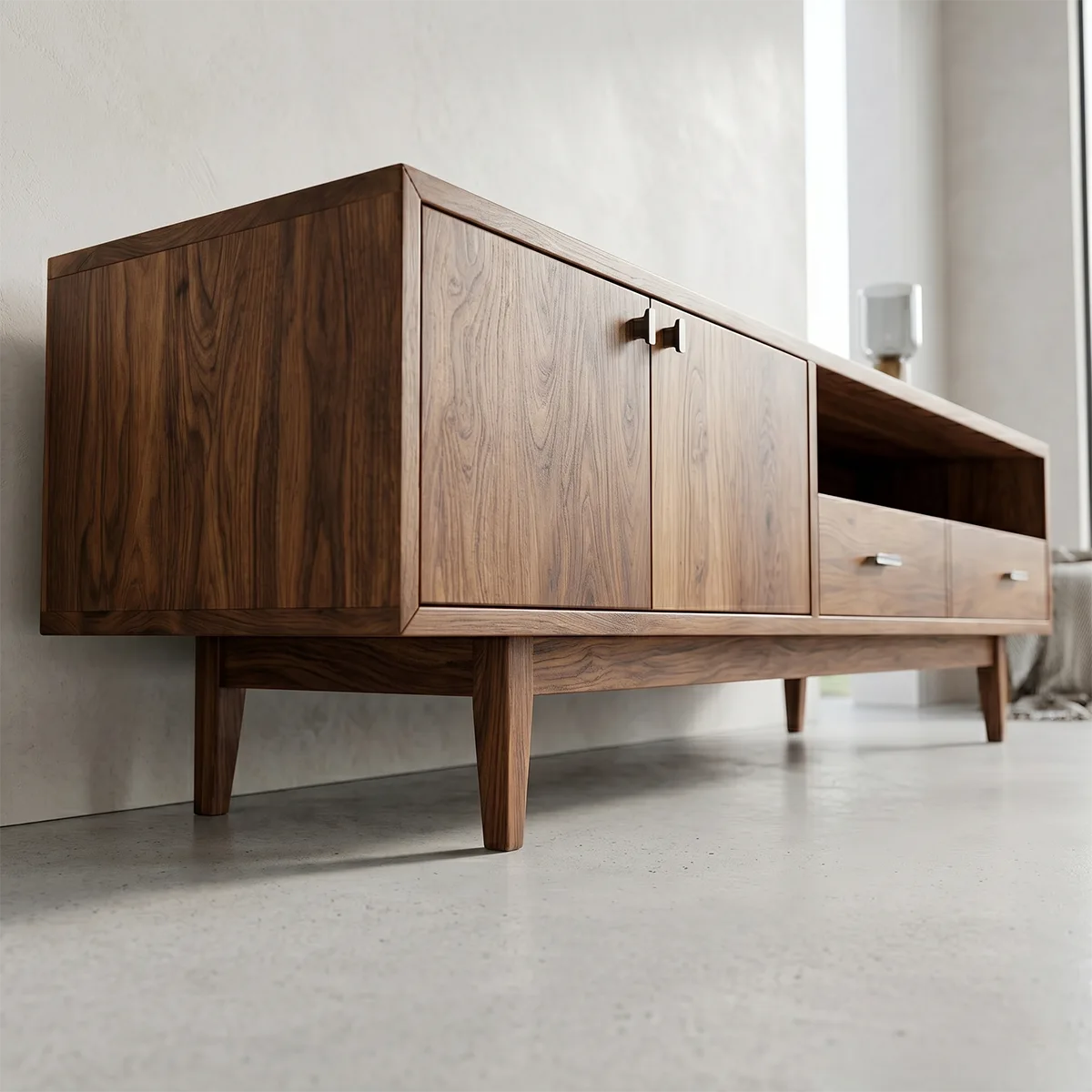 Mid Century Modern Solid Wood TV Stand with Mixed Storage