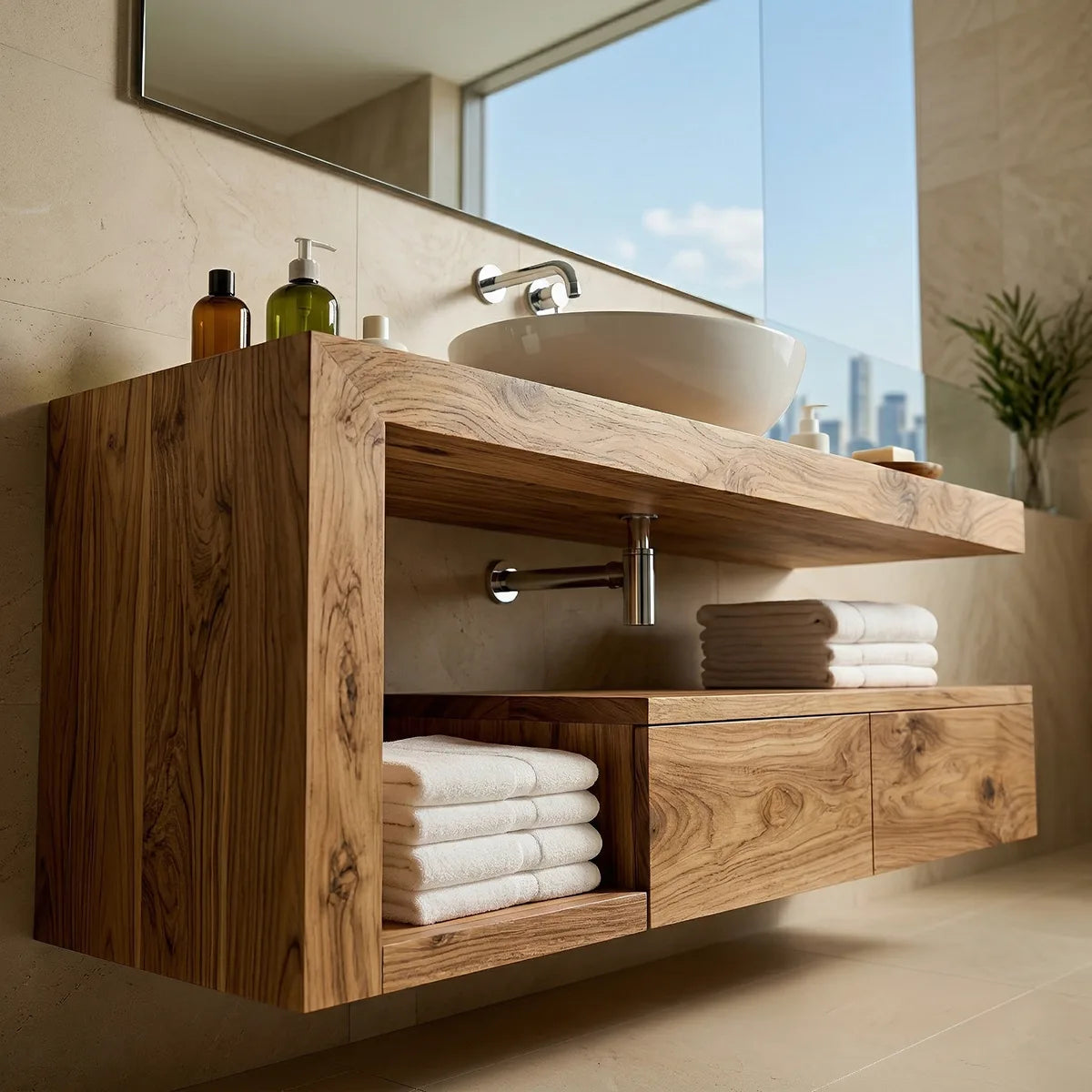 Floating Solid Wood Bathroom Vanity with Open Shelf and Lower Storage Cabinet