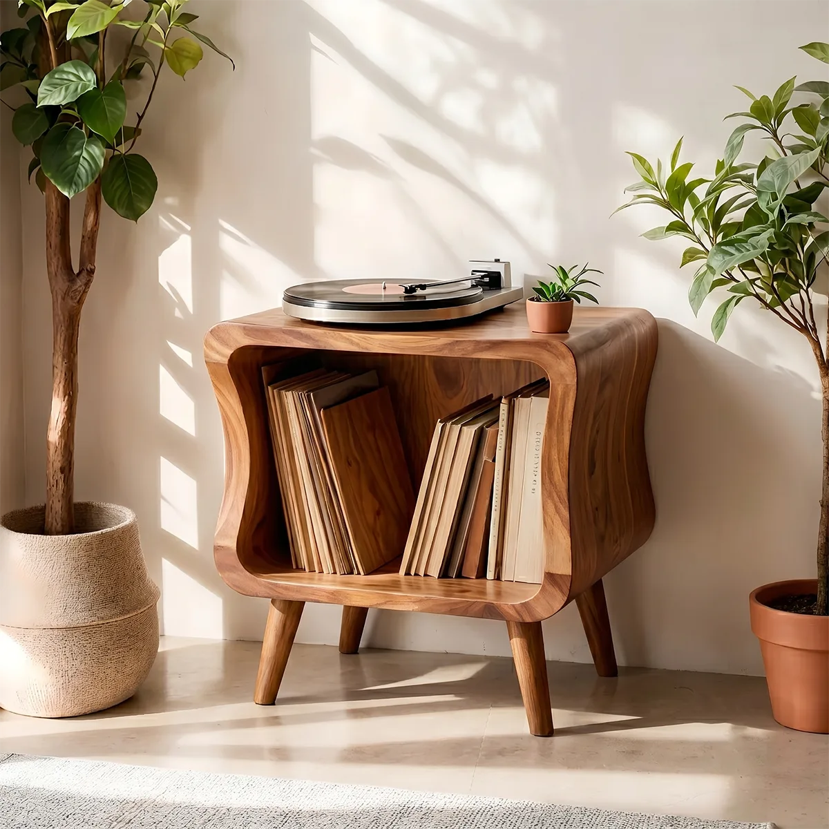 Curved Solid Wood Vinyl Storage Cabinet For Music Lover