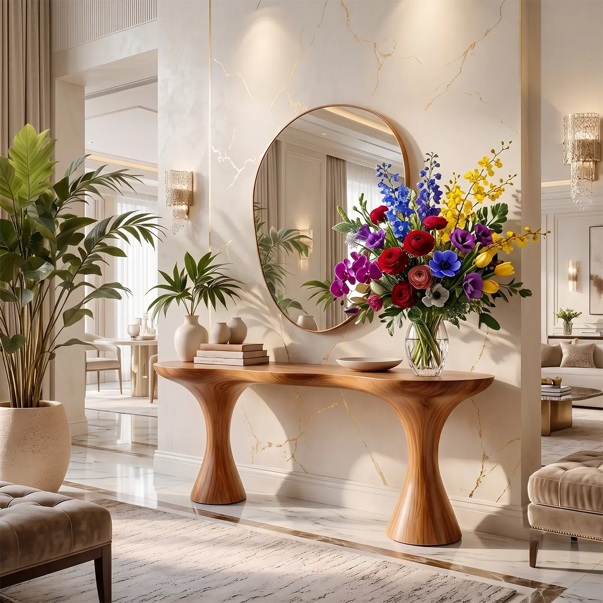 Modern Pedestal Console Table | Solid Wood Entryway Hallway Accent Table with Sculptural Tapered Base TT006-9355