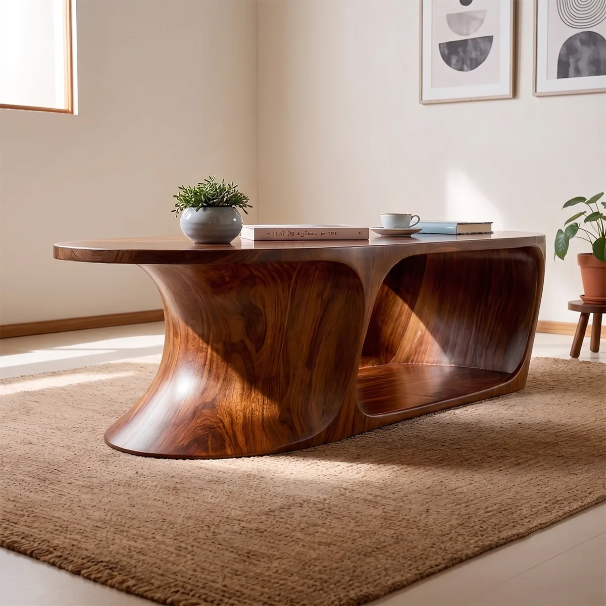 Oval Solid Wood Coffee Table with Storage Shelf | Modern Sculptural Center Table TT006-9490