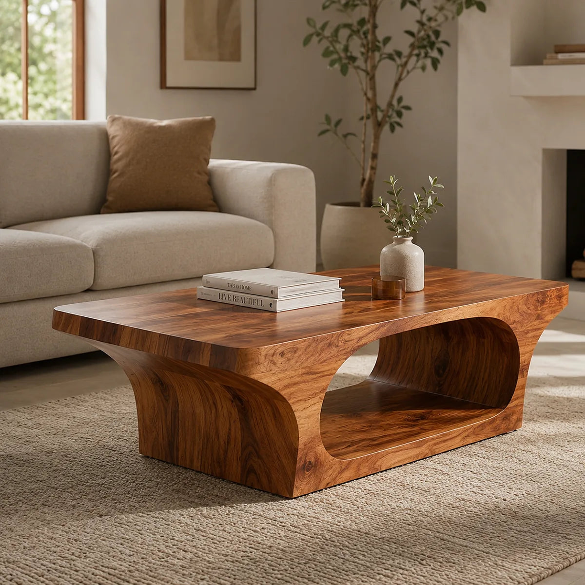 Modern Solid Wood Coffee Table with Sculptural Open Base TT006-6649