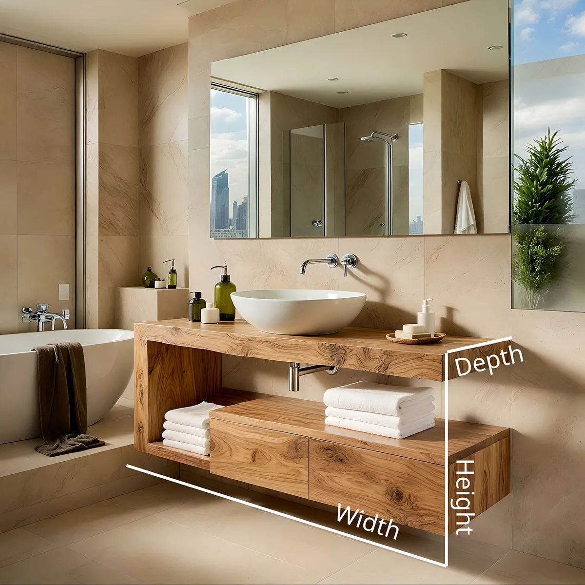 Floating Solid Wood Bathroom Vanity with Open Shelf and Lower Storage Cabinet