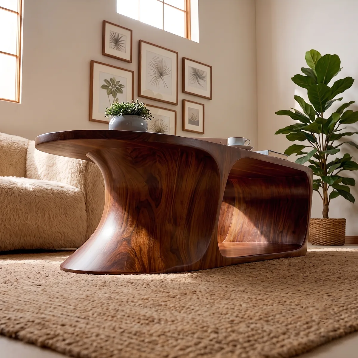 Oval Solid Wood Coffee Table with Storage Shelf | Modern Sculptural Center Table TT006-9490