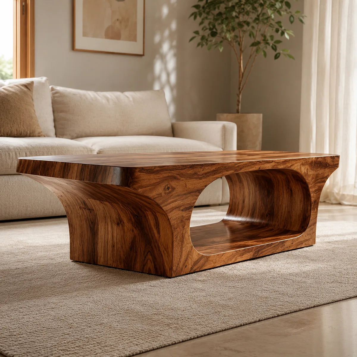 Modern Solid Wood Coffee Table with Sculptural Open Base TT006-6649