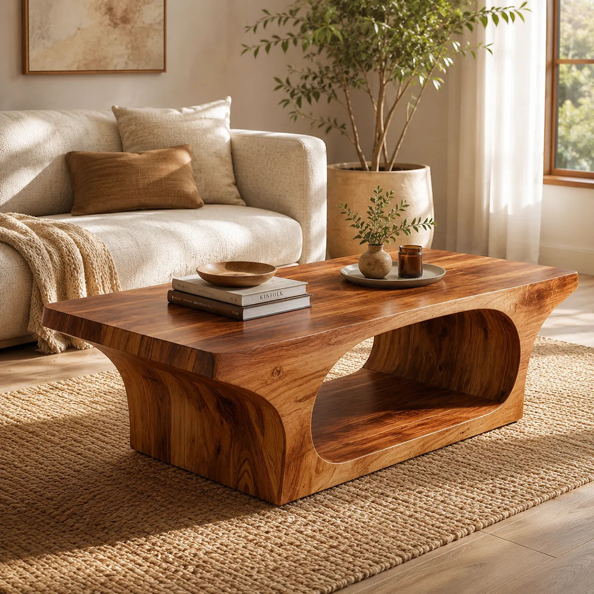 Modern Solid Wood Coffee Table with Sculptural Open Base TT006-6649