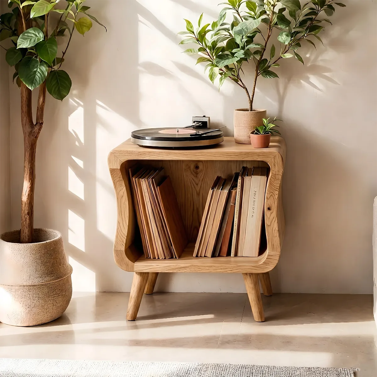 Curved Solid Wood Vinyl Storage Cabinet For Music Lover