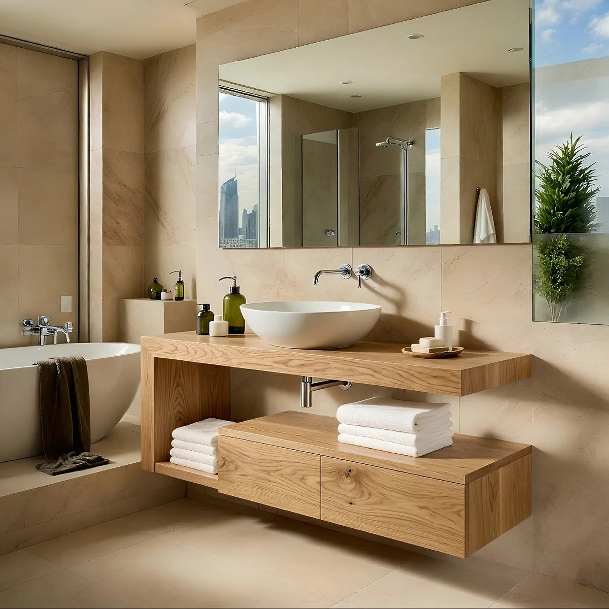 Floating Solid Wood Bathroom Vanity with Open Shelf and Lower Storage Cabinet