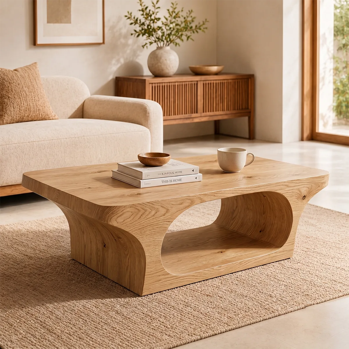 Modern Solid Wood Coffee Table with Sculptural Open Base TT006-6649