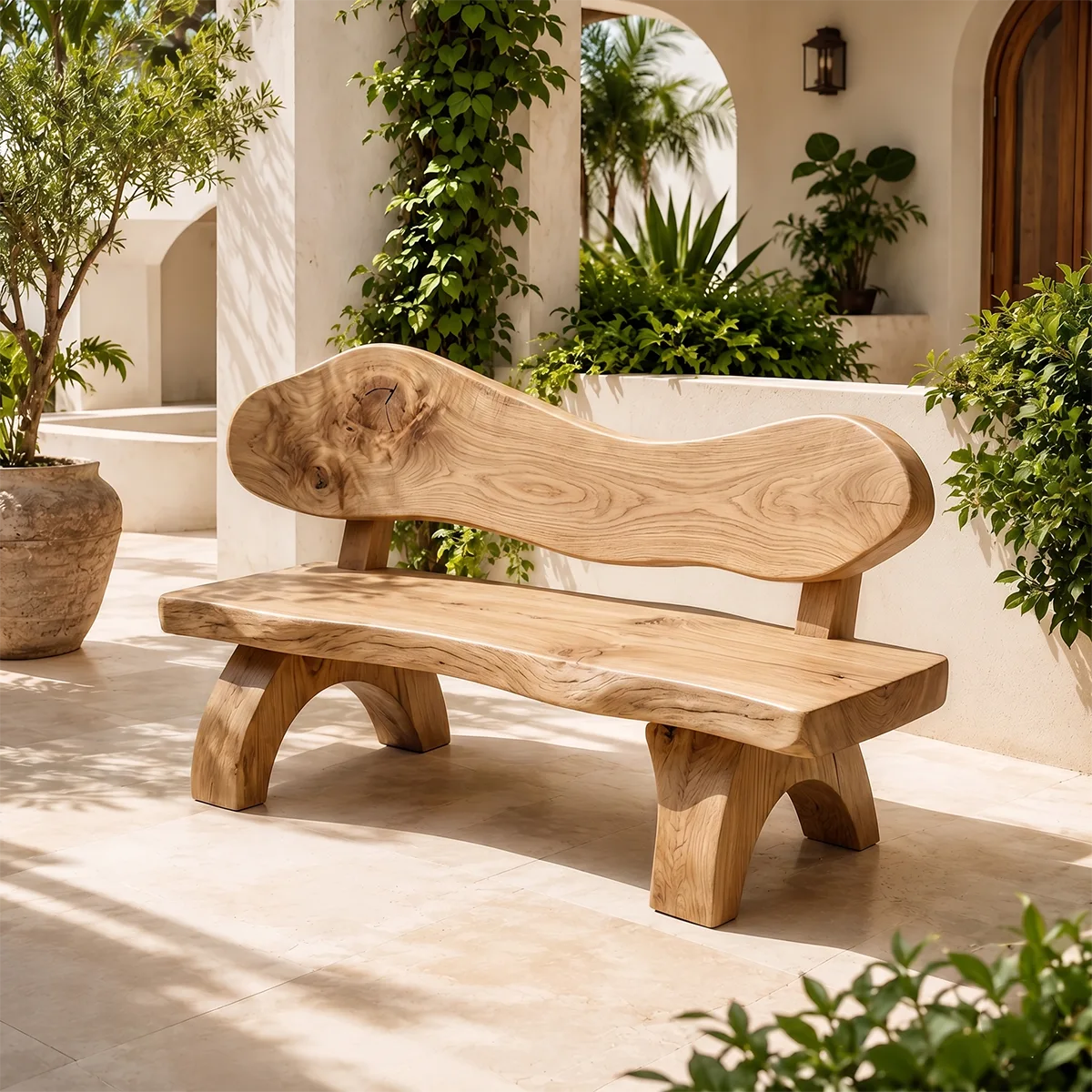 Live Edge Solid Wood Bench | Handcrafted Rustic Wooden Bench with Sculpted Backrest TT006-3085