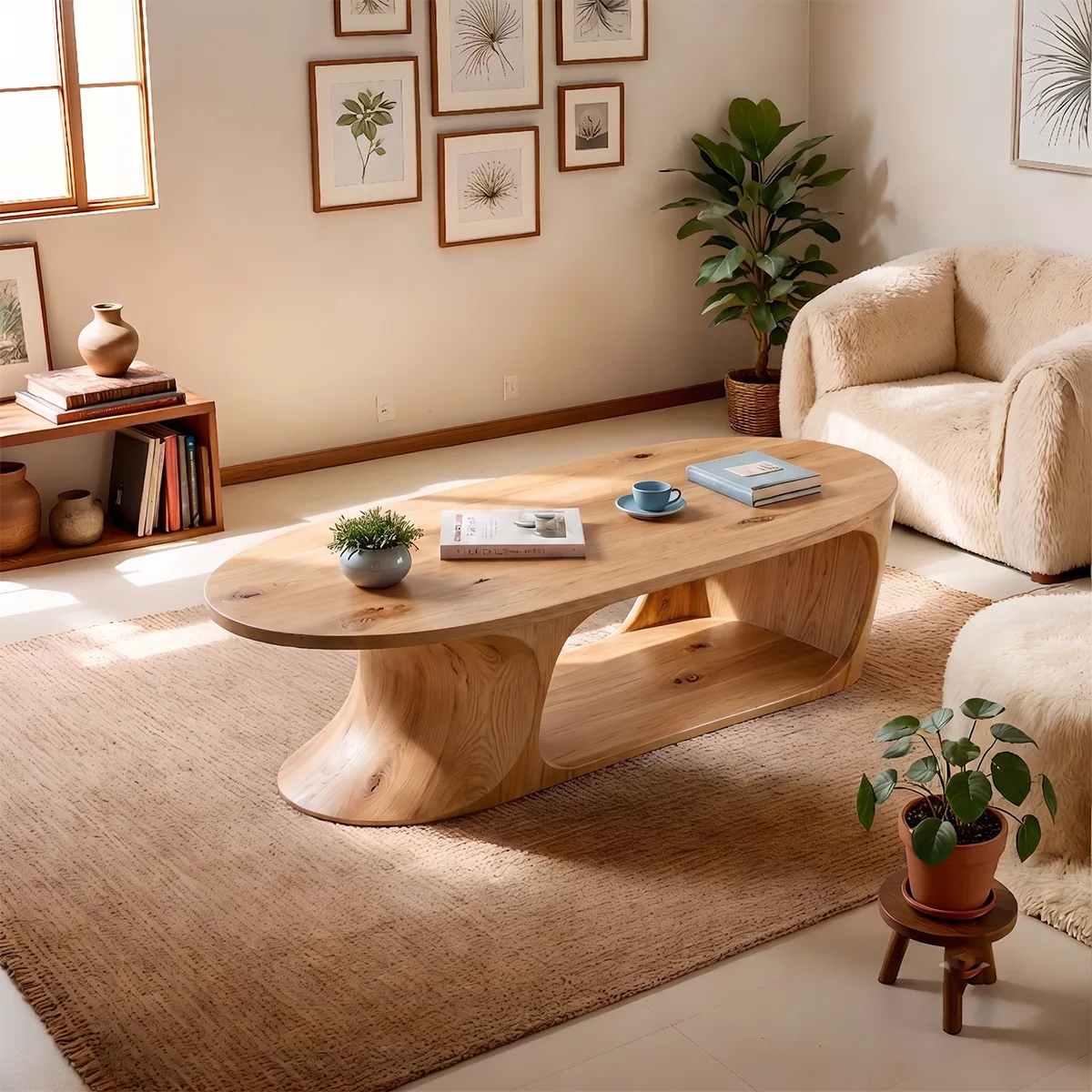 Oval Solid Wood Coffee Table with Storage Shelf | Modern Sculptural Center Table TT006-9490