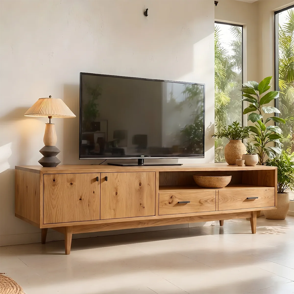Mid Century Modern Solid Wood TV Stand with Mixed Storage