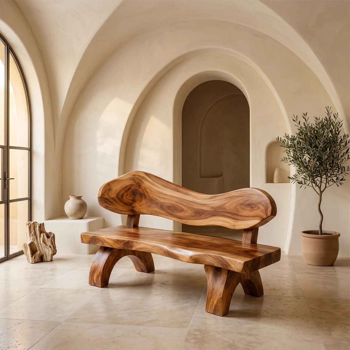 Live Edge Solid Wood Bench | Handcrafted Rustic Wooden Bench with Sculpted Backrest TT006-3085