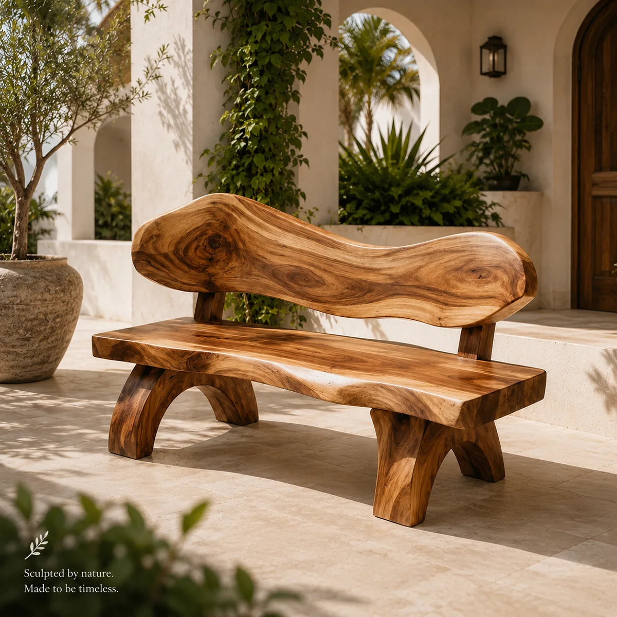 Live Edge Solid Wood Bench | Handcrafted Rustic Wooden Bench with Sculpted Backrest TT006-3085