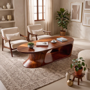 Oval Solid Wood Coffee Table with Storage Shelf | Modern Sculptural Center Table TT006-9490
