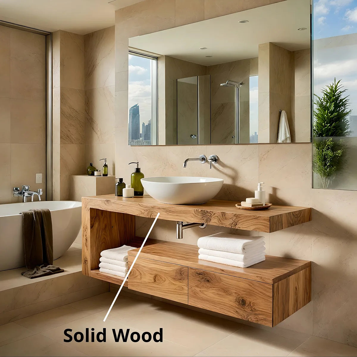 Floating Solid Wood Bathroom Vanity with Open Shelf and Lower Storage Cabinet