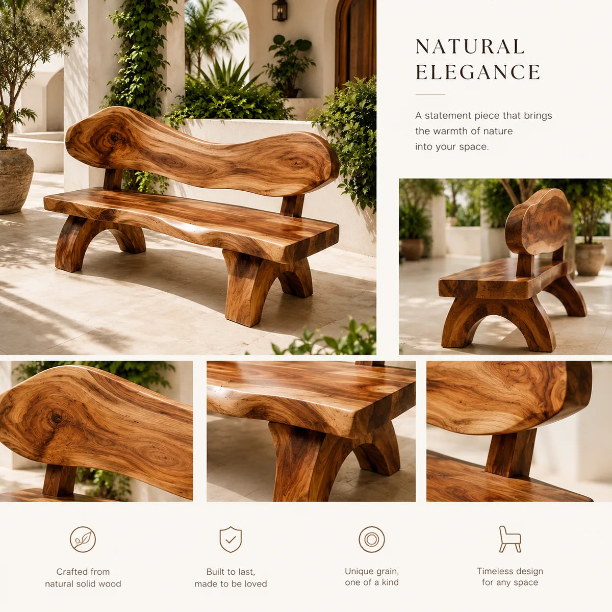 Live Edge Solid Wood Bench | Handcrafted Rustic Wooden Bench with Sculpted Backrest TT006-3085