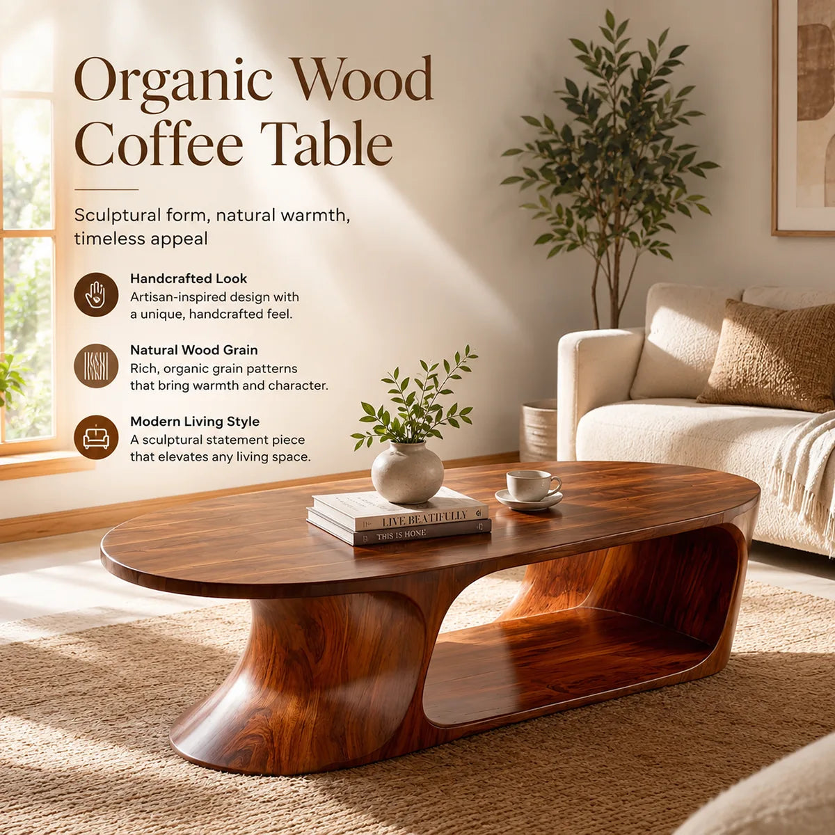 Oval Solid Wood Coffee Table with Storage Shelf | Modern Sculptural Center Table TT006-9490