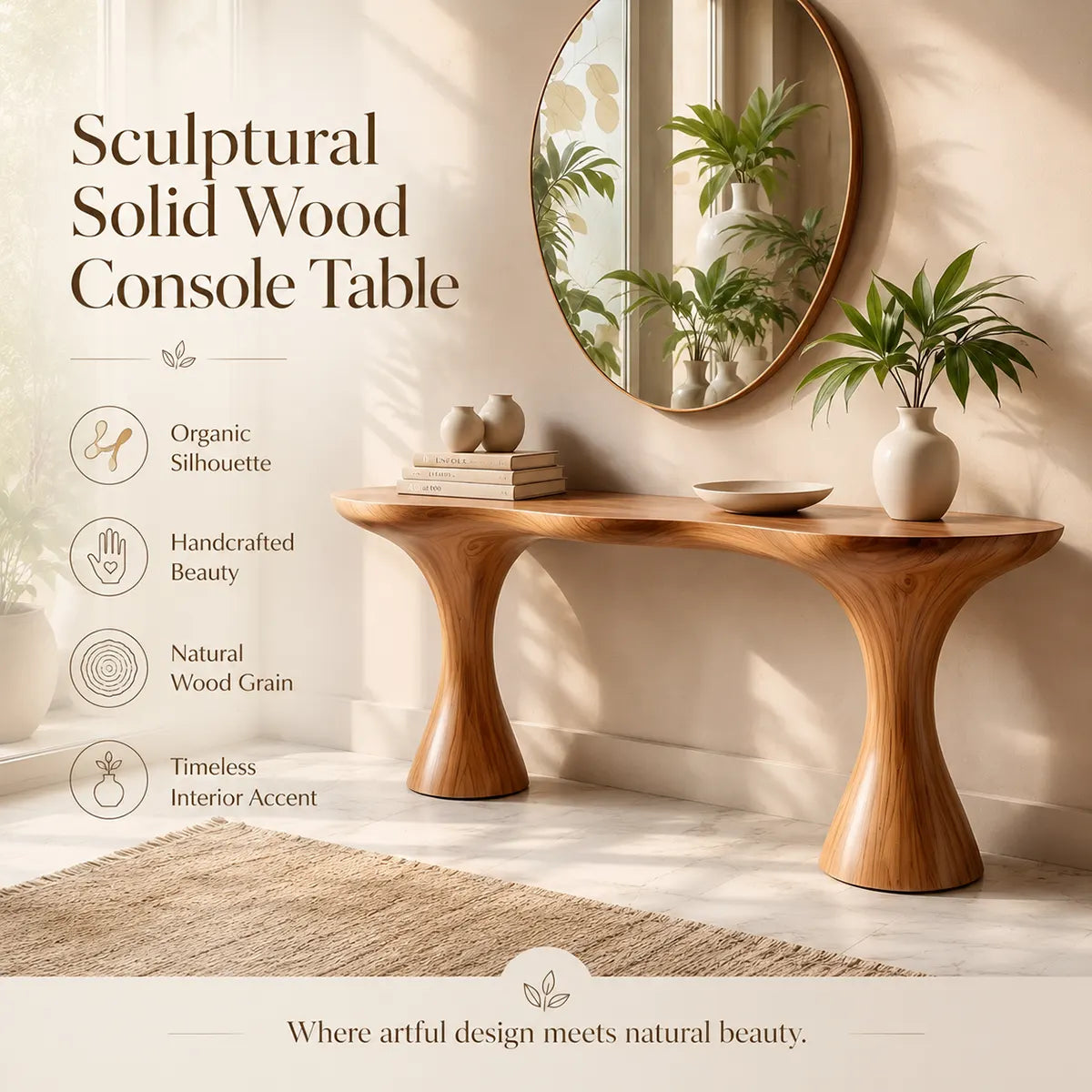 Modern Pedestal Console Table | Solid Wood Entryway Hallway Accent Table with Sculptural Tapered Base TT006-9355