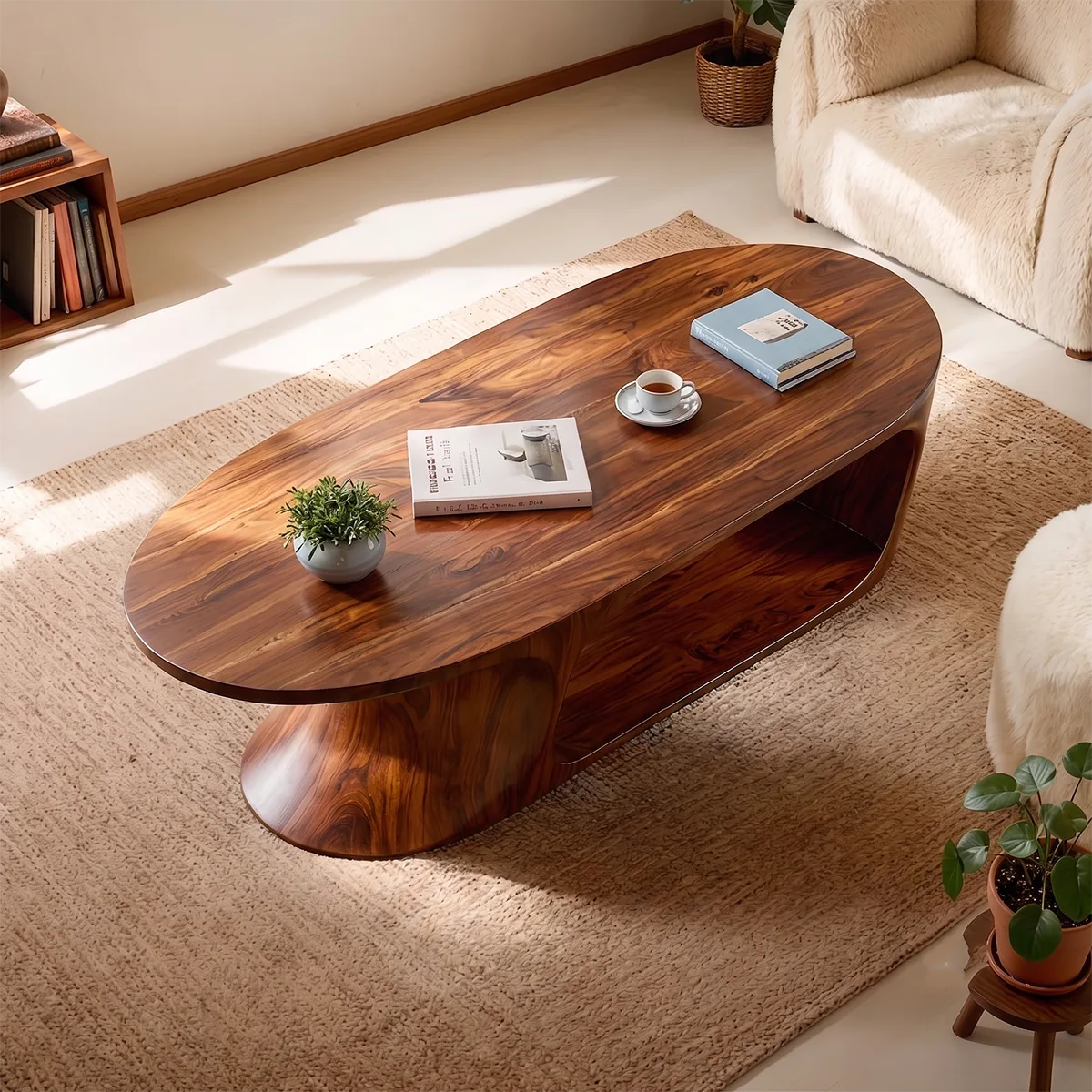 Oval Solid Wood Coffee Table with Storage Shelf | Modern Sculptural Center Table TT006-9490