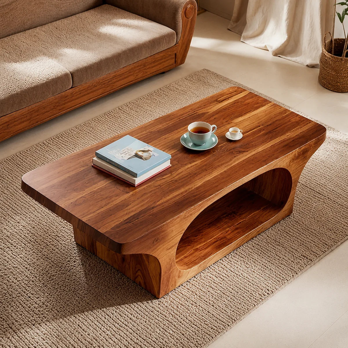 Modern Solid Wood Coffee Table with Sculptural Open Base TT006-6649