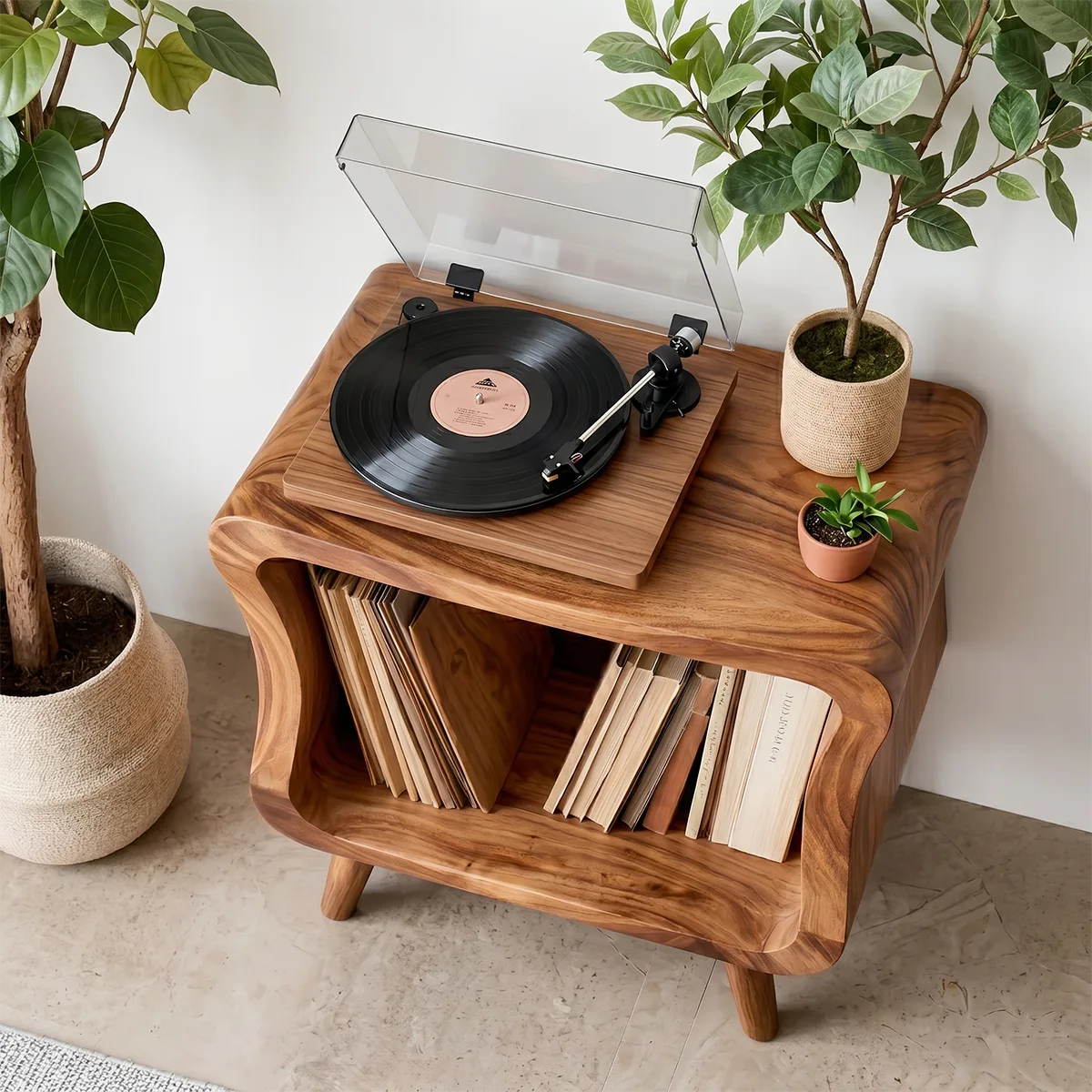 Curved Solid Wood Vinyl Storage Cabinet For Music Lover