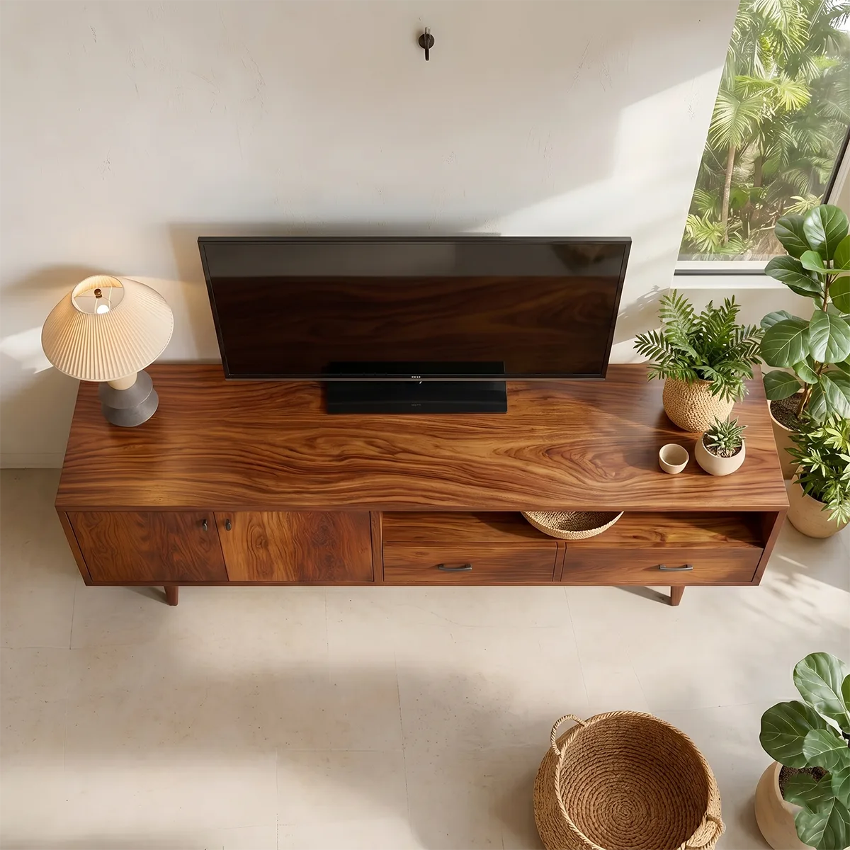 Mid Century Modern Solid Wood TV Stand with Mixed Storage