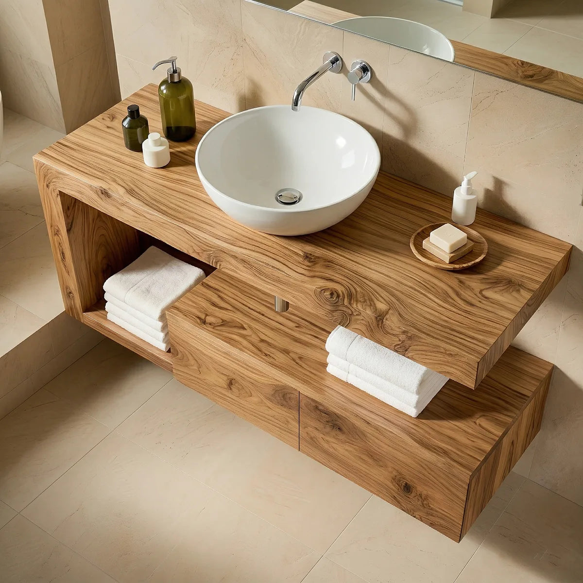 Floating Solid Wood Bathroom Vanity with Open Shelf and Lower Storage Cabinet
