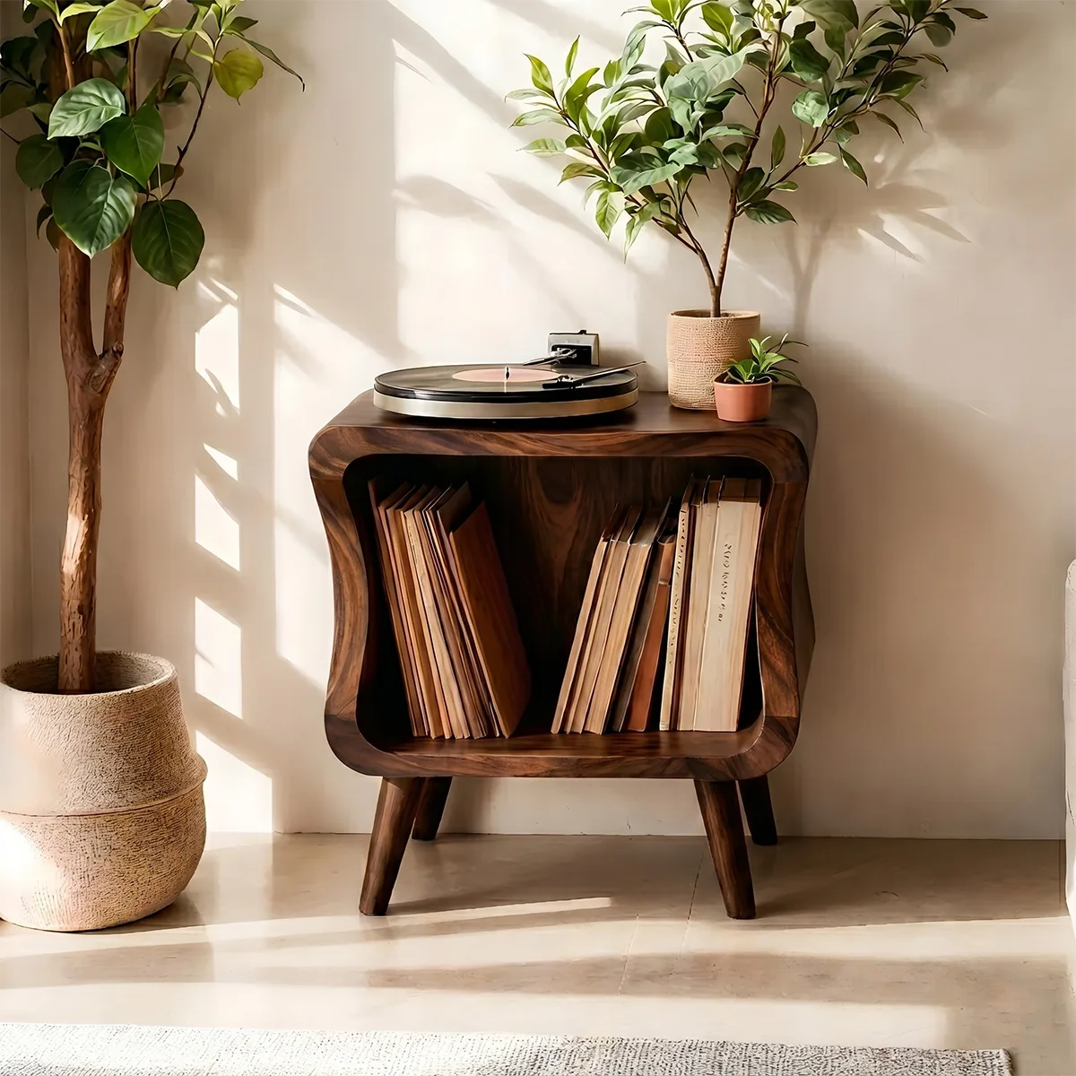 Curved Solid Wood Vinyl Storage Cabinet For Music Lover