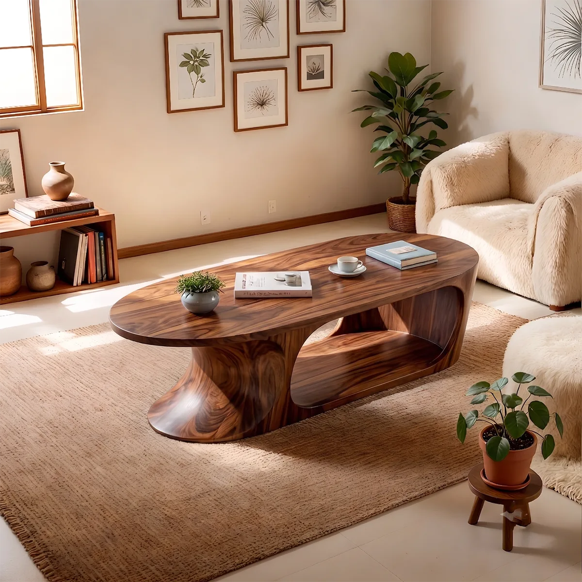 Oval Solid Wood Coffee Table with Storage Shelf | Modern Sculptural Center Table TT006-9490