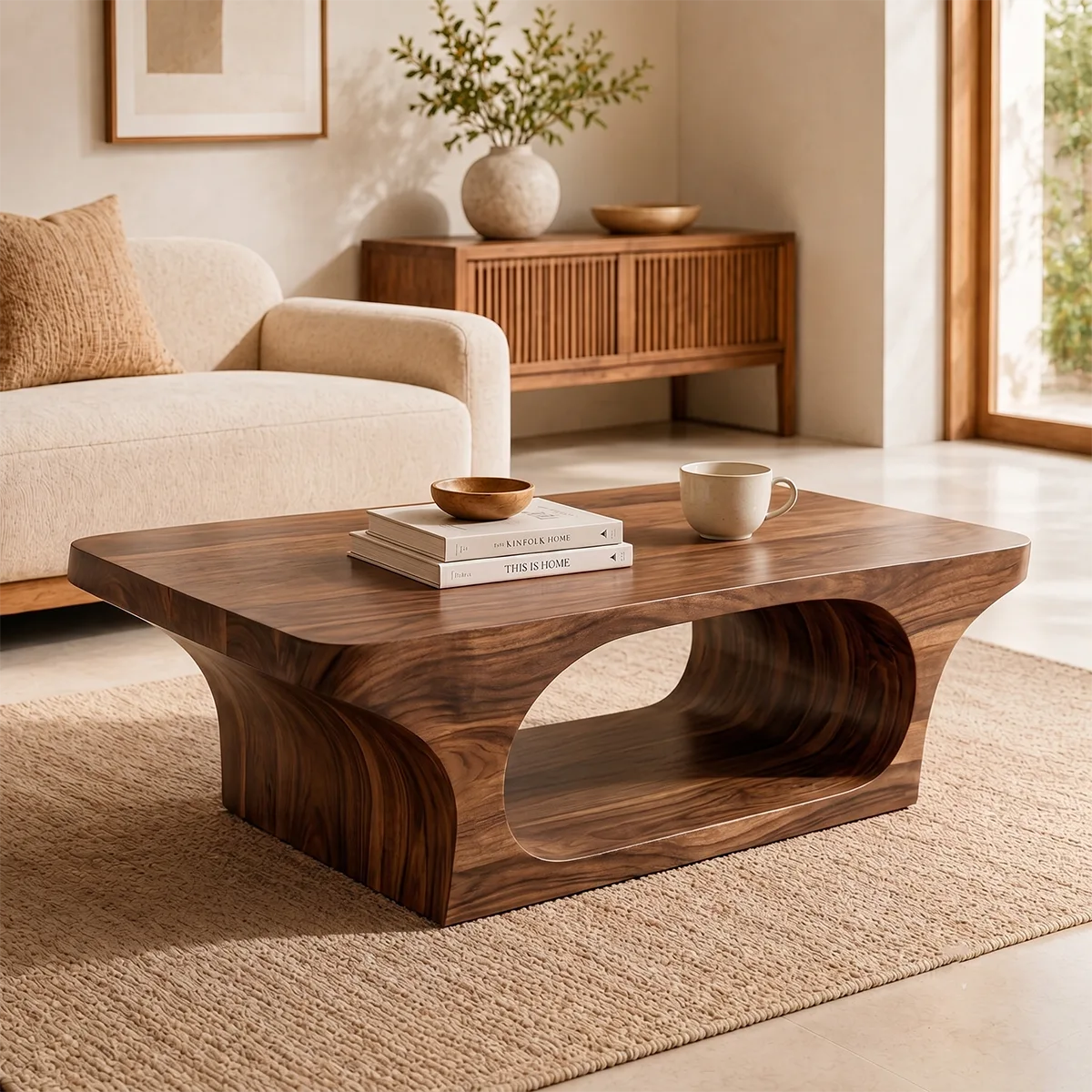 Modern Solid Wood Coffee Table with Sculptural Open Base TT006-6649