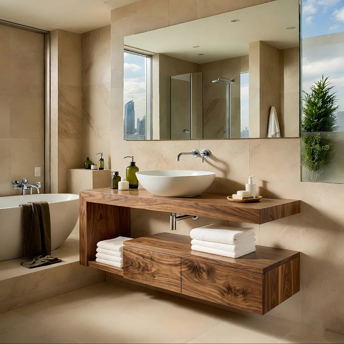 Floating Solid Wood Bathroom Vanity with Open Shelf and Lower Storage Cabinet