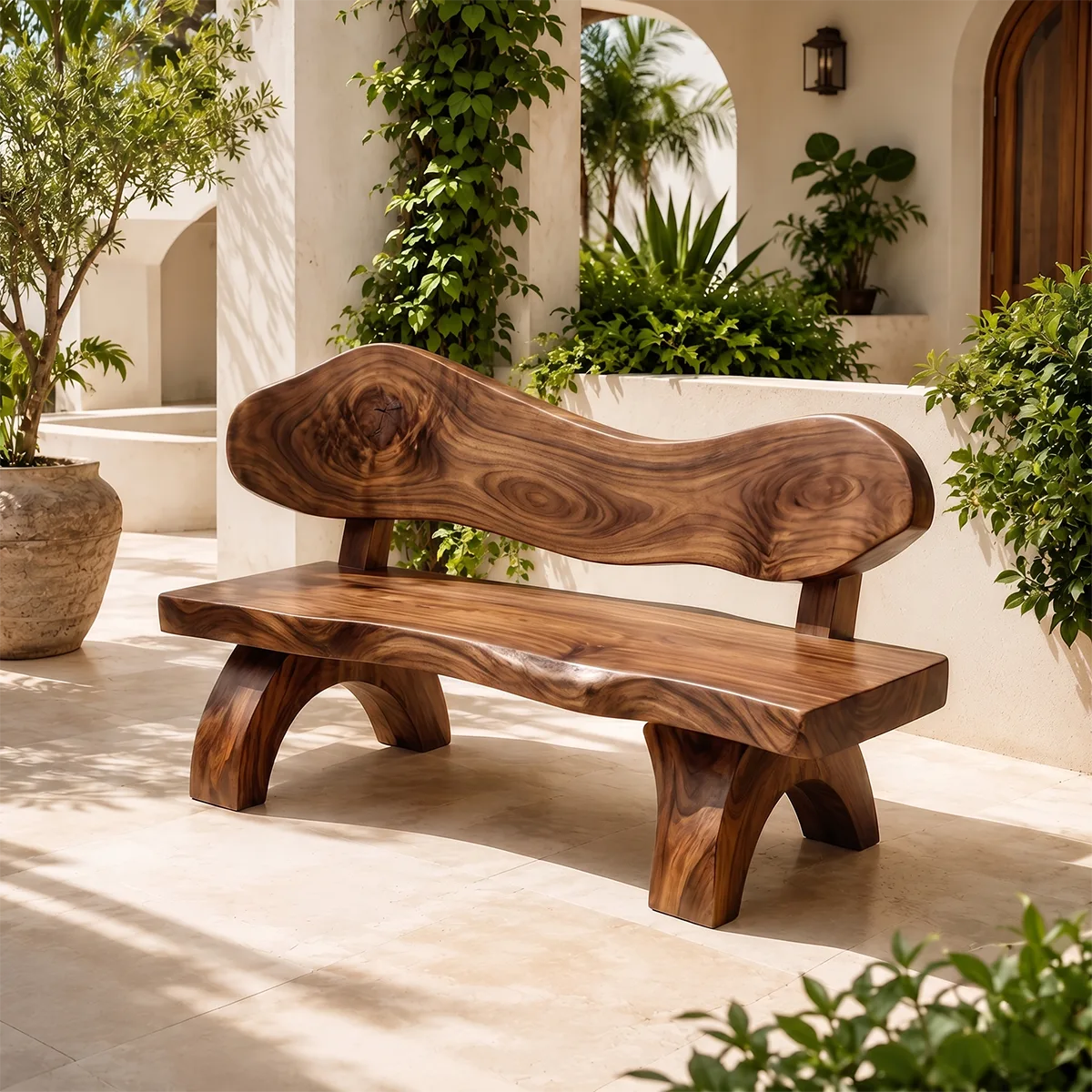 Live Edge Solid Wood Bench | Handcrafted Rustic Wooden Bench with Sculpted Backrest TT006-3085