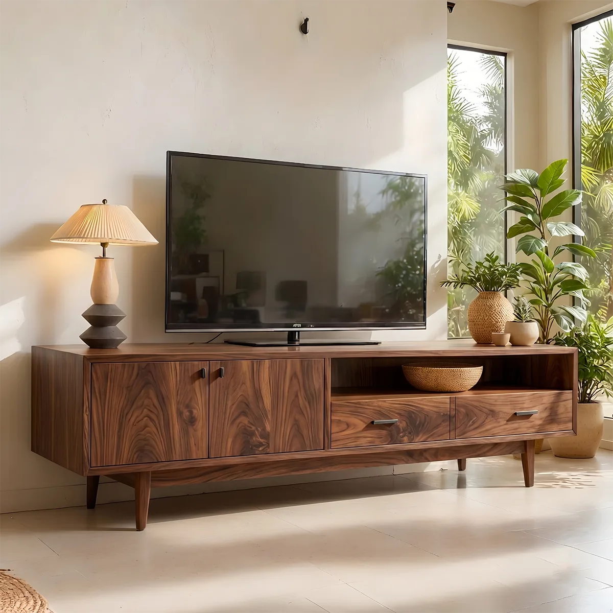 Mid Century Modern Solid Wood TV Stand with Mixed Storage