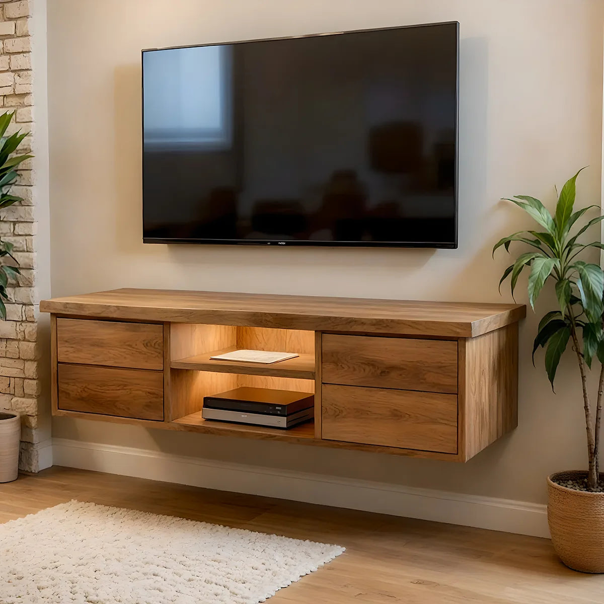 Modern Solid Wood Floating TV Stand with Integrated Lighting