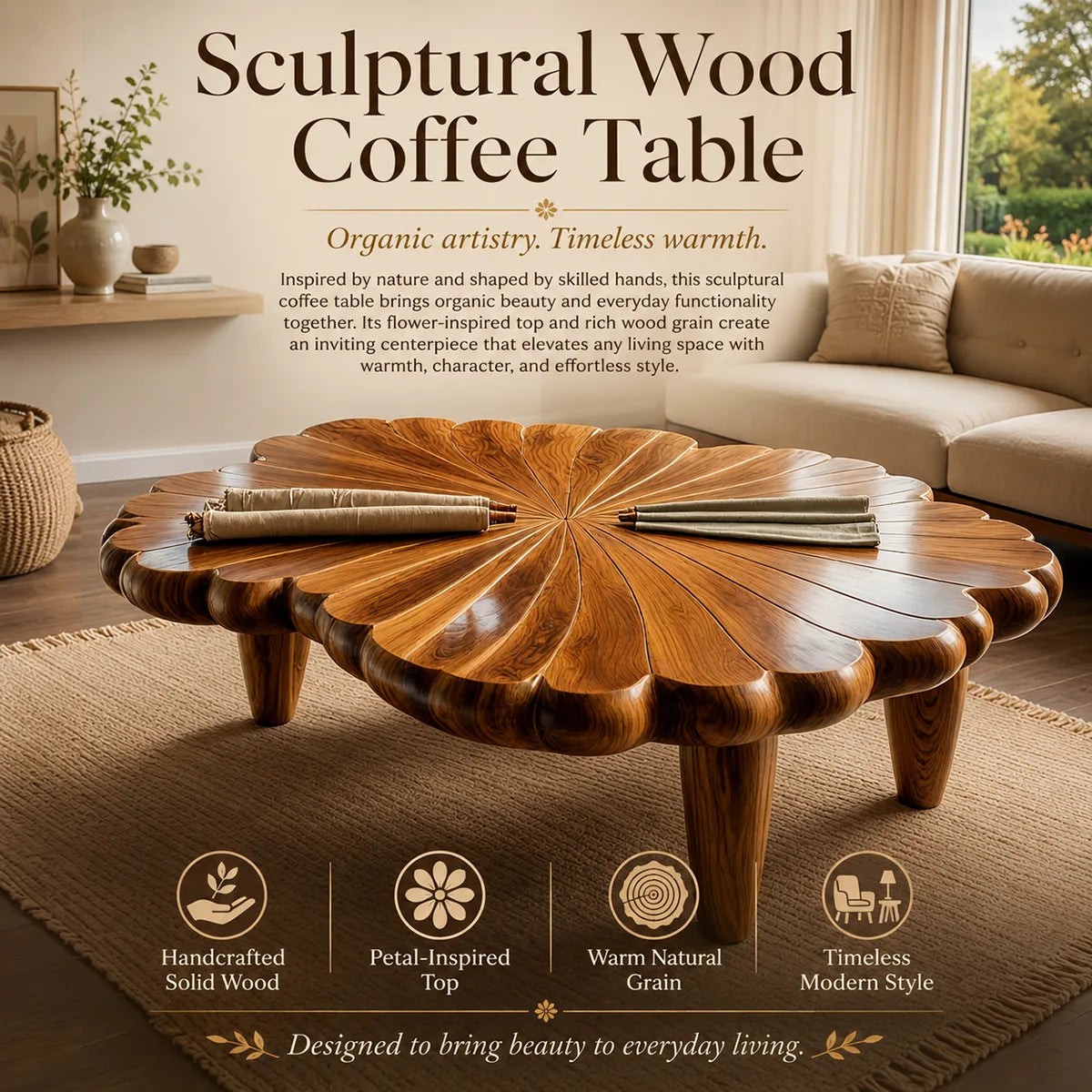Handcrafted Solid Wood Flower Coffee Table with Carved Petal Top TT006-4707