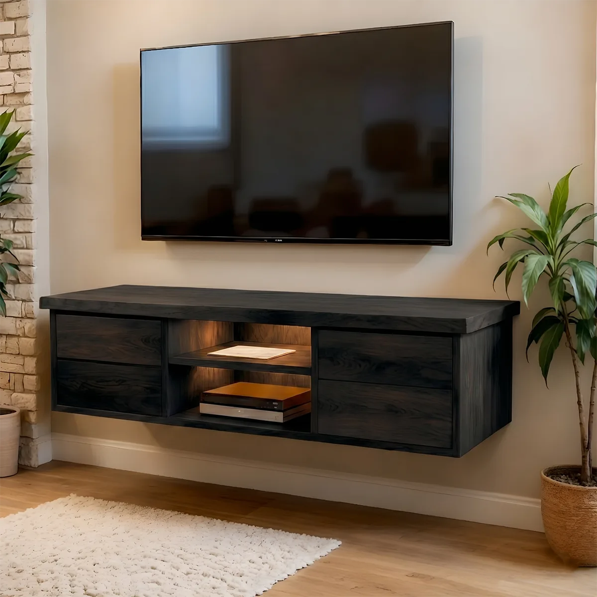 Modern Solid Wood Floating TV Stand with Integrated Lighting