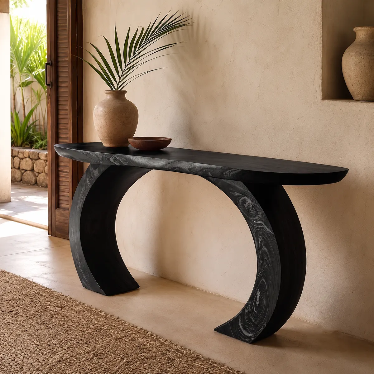 Modern Arch Base Console Table | Solid Wood Entryway Hallway Accent Table with Sculptural Pedestals TT006-9247