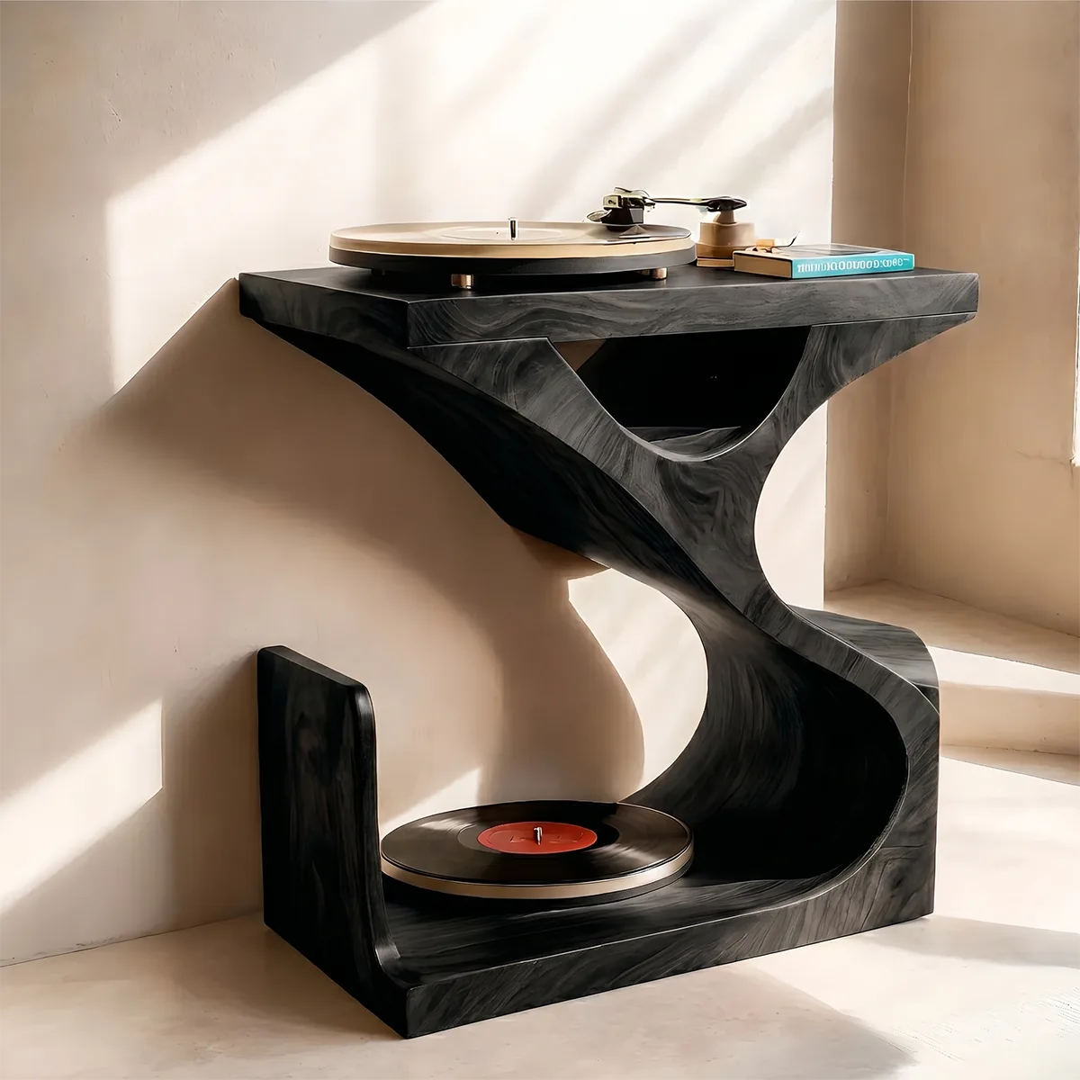 Organic Soft Wave Wood Record Player Table | Stand Only