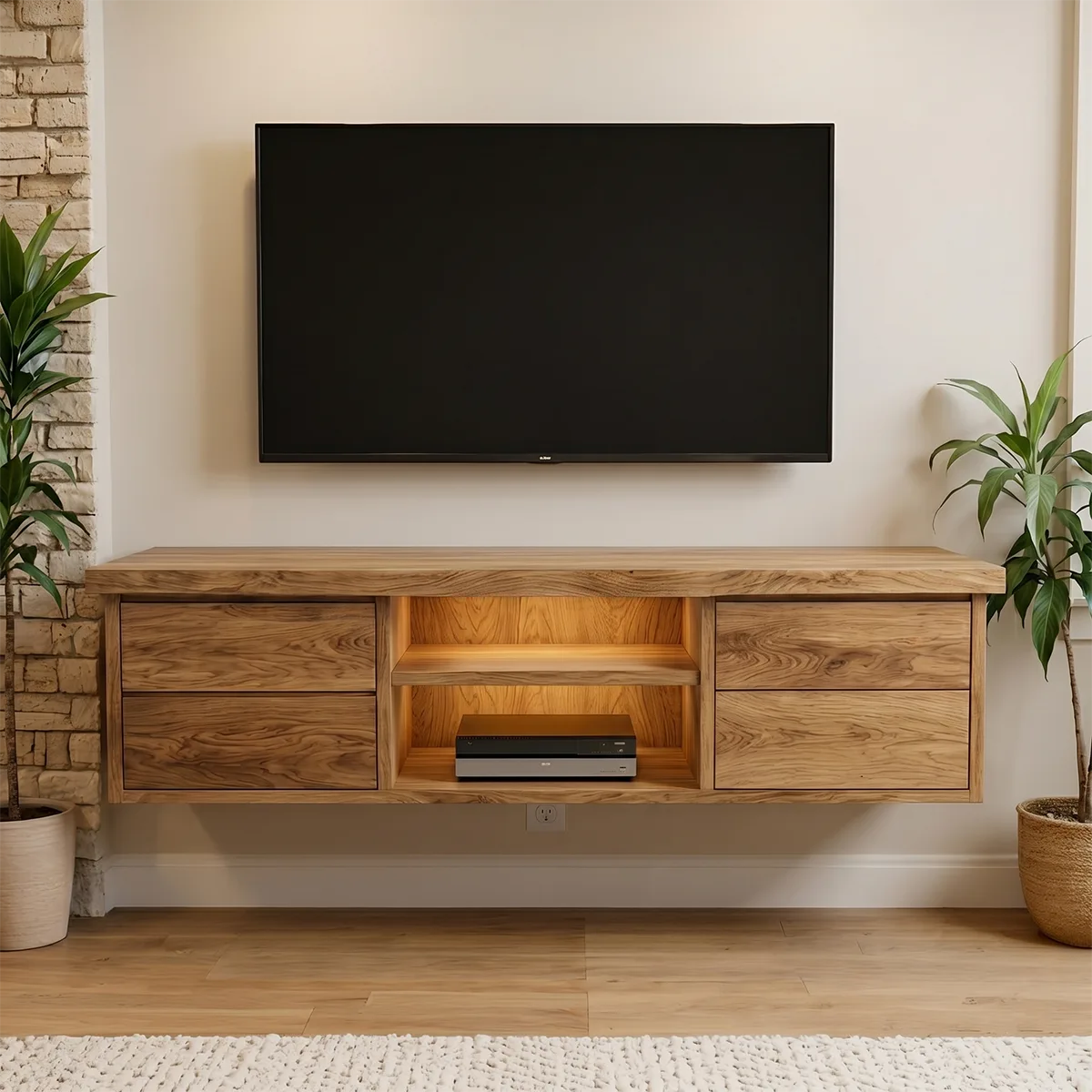 Modern Solid Wood Floating TV Stand with Integrated Lighting