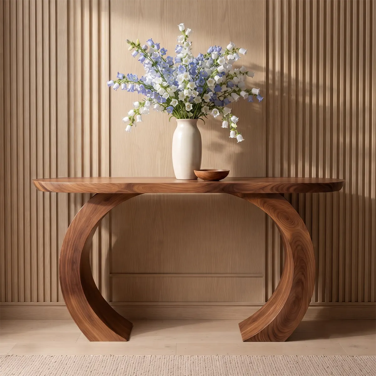Modern Arch Base Console Table | Solid Wood Entryway Hallway Accent Table with Sculptural Pedestals TT006-9247