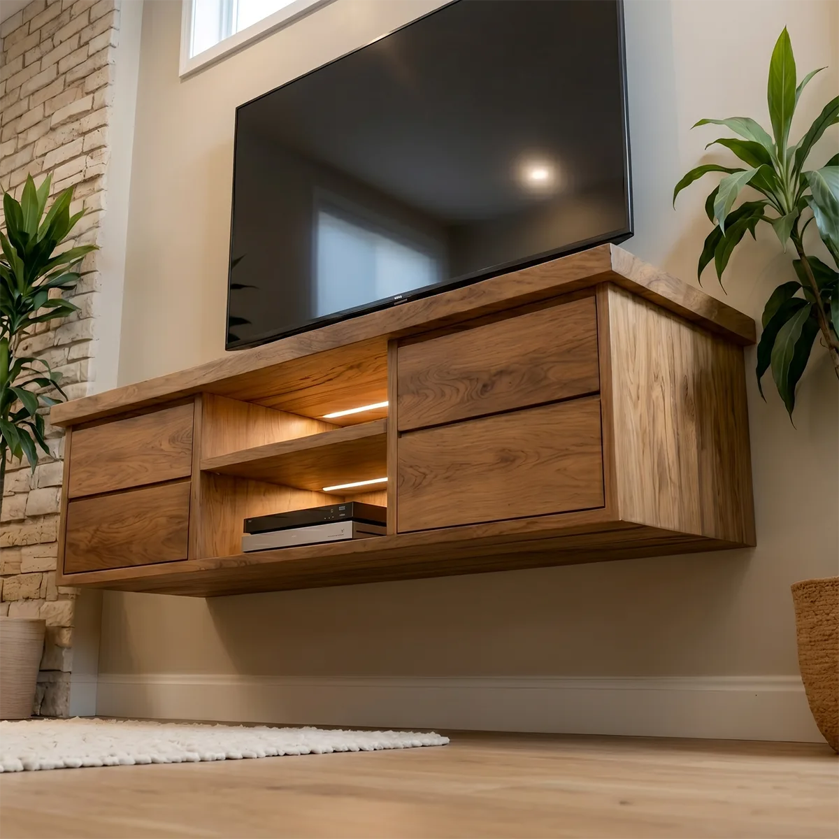 Modern Solid Wood Floating TV Stand with Integrated Lighting