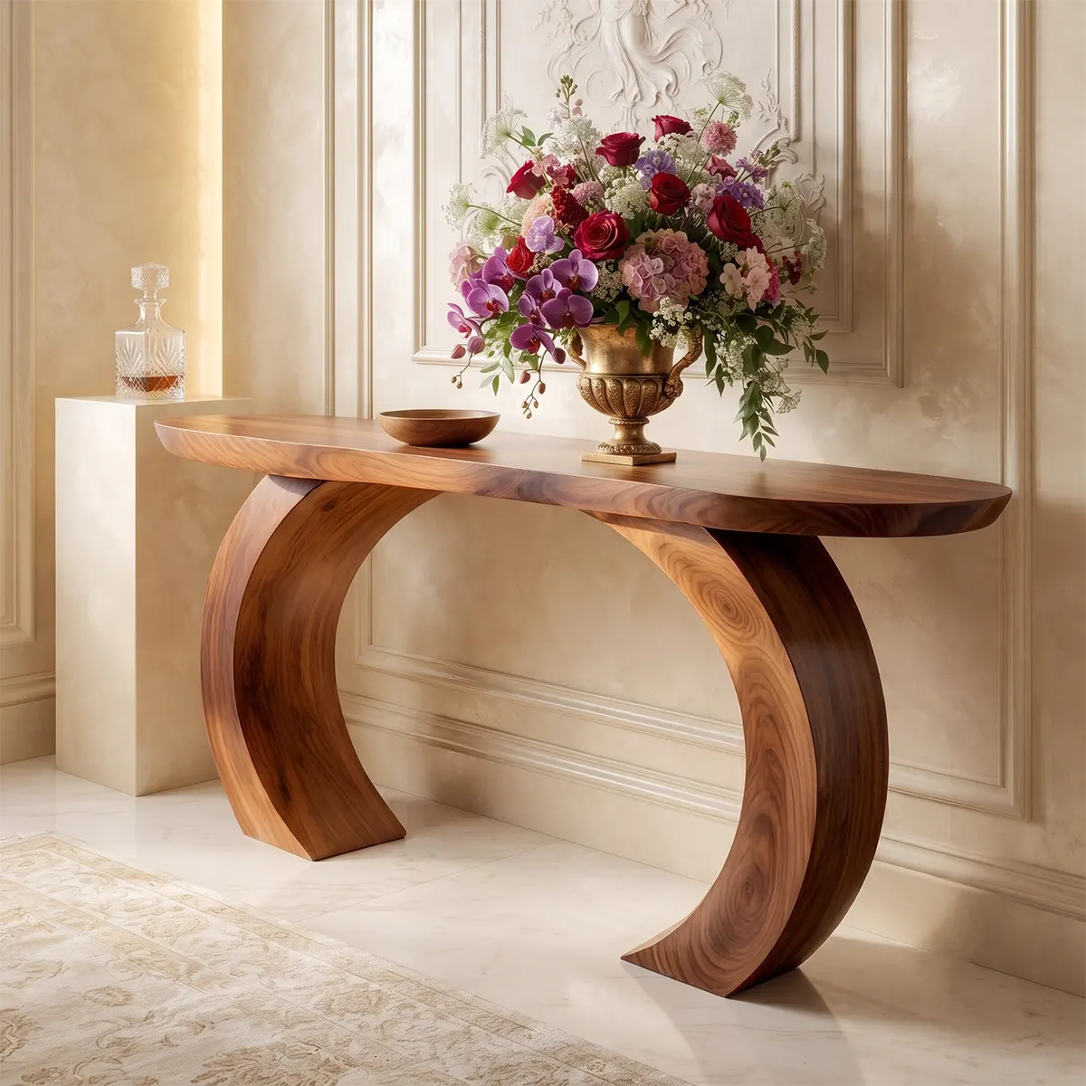 Modern Arch Base Console Table | Solid Wood Entryway Hallway Accent Table with Sculptural Pedestals TT006-9247