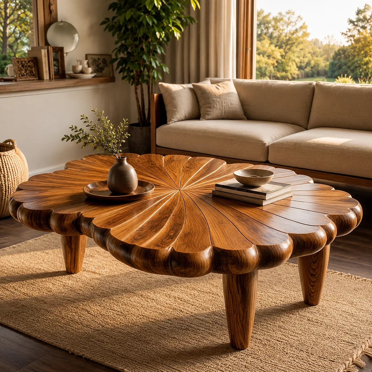 Handcrafted Solid Wood Flower Coffee Table with Carved Petal Top TT006-4707